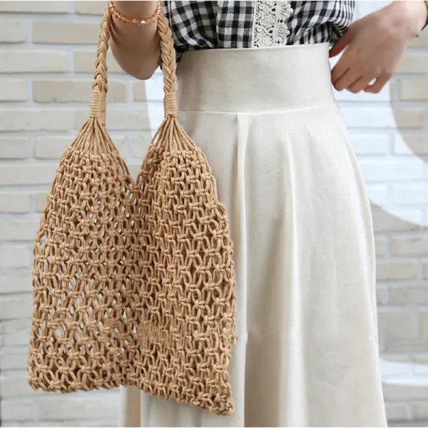 Straw Bag Handmade Net Beach Handbags Solid Color Cotton Rope Women One-Shoulder Bags Vacation Travel Woven Handbag YL584