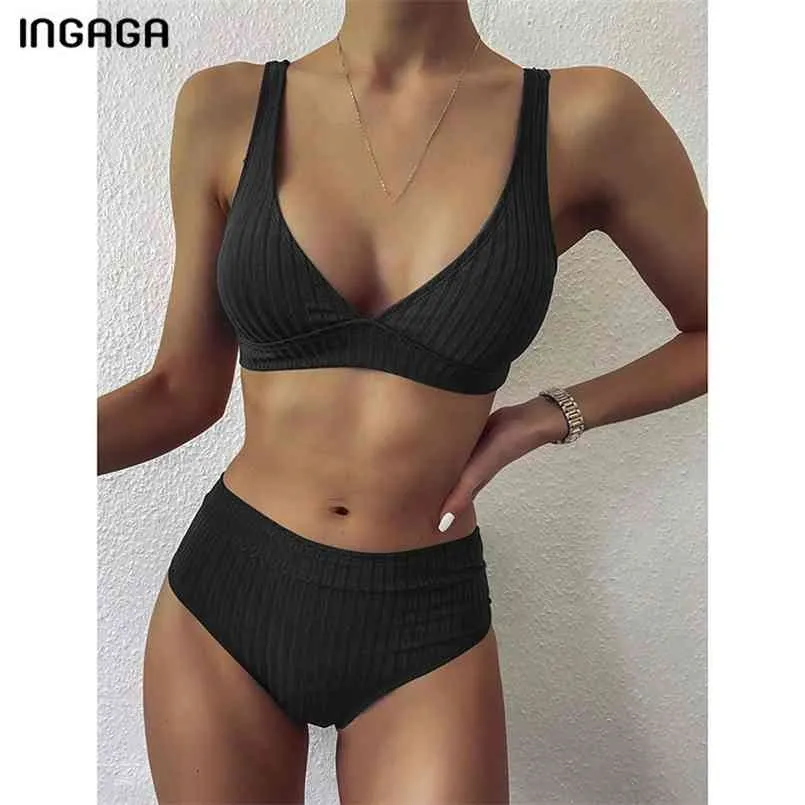 INGAGA Sexy Bikinis taille haute maillots de bain femmes maillots de bain Push Up Biquini côtelé maillots de bain noir col en v Bikini ensemble 210630