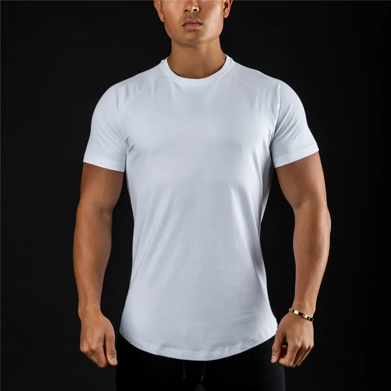 Fitness Solid Workout Tee Top Gym Men Cotton Breathable Sports Short Sleeve T-shirt Summer Fashion Brand O-Neck Slim Fit Tshirt 210421