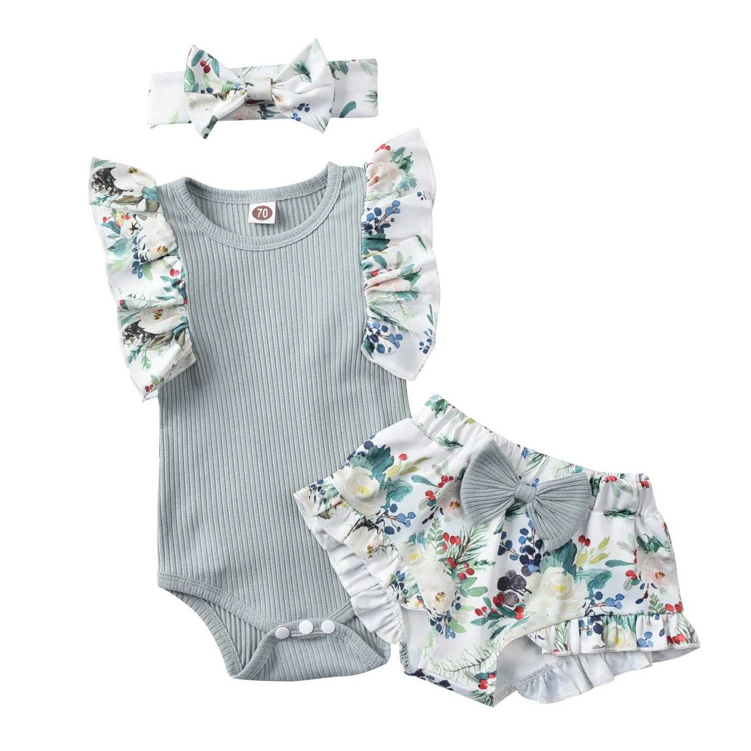 Ins baby girls remper outfits Младенческая цветочная муха рукав комбинезон + цветочные бантики шорты + для волос 3 шт. Костюмы малыша принцесса одежда S1003