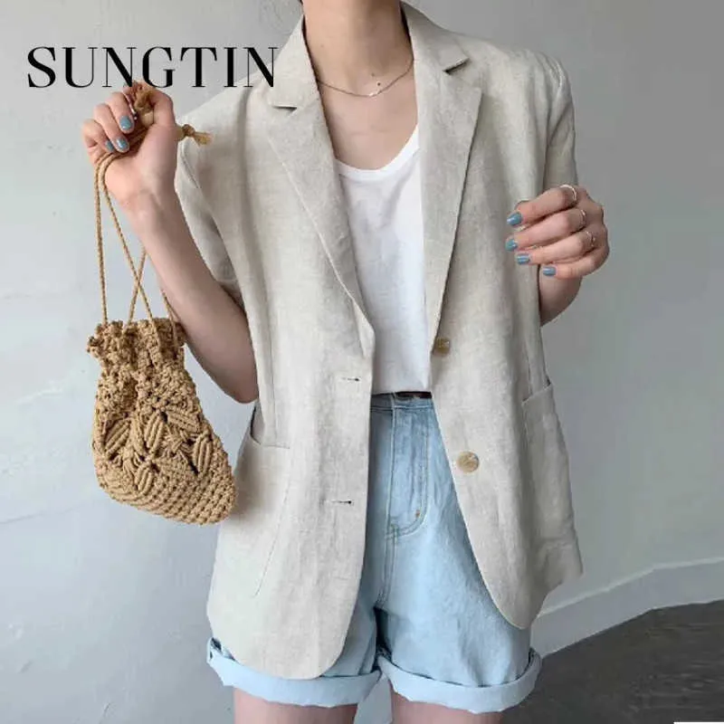 Sungtin Korean Cotton Linen Casual Blazer Women Jackets Loose Short Suit Blazer Coat Summer Solid Vintage Elegant Outwear 2021 X0721