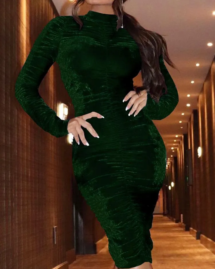 knee length dresses for ladies Velvet Printed Midi Mock Neck Dress main image 1