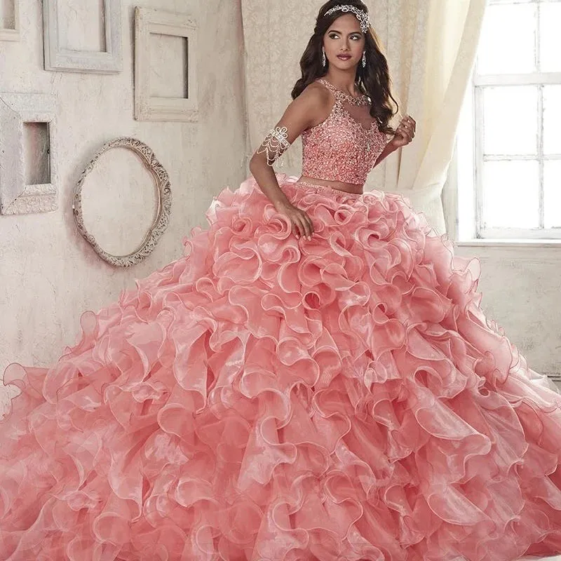 Pink Organza Quinceanera Ball Gown with Beaded Crystals and Scoop - Two Piece Puffy Sweet 16 Pink Wedding Dress Pink Organza Quinceanera Ball Gown with Beaded Crystals and Scoop - Two Piece Puffy Sweet 16 Pink Wedding Dress