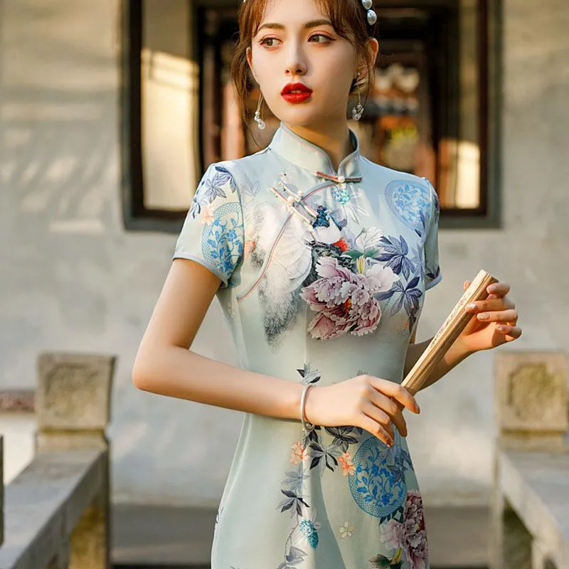 Ethnic Clothing Satin Floral Printed Slim Cheongsmas Lady Sexy Mandarin Collar Chinese Dress Elegant Oriental Vintage Button Qipao Banquet G