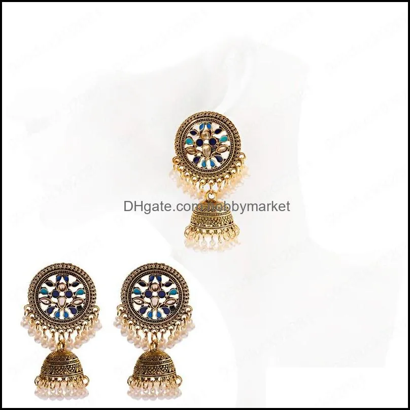 Ethnic Women`s Big Round Oxidized Indian Dangle Earrings Vintage Flower Bohemian Pearl Tassel Jhumka Earring