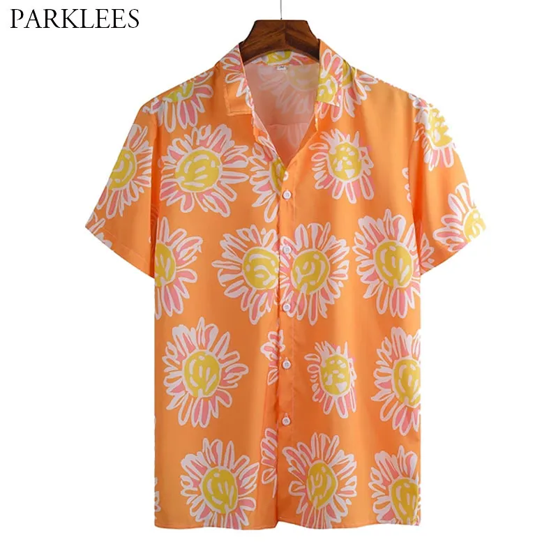 Solblomma tryckta män skjorta Hawaiian Beach Holiday Mens Mode Casual Loose Button Up Men Kortärmad T-shirts Male Camisa 210524
