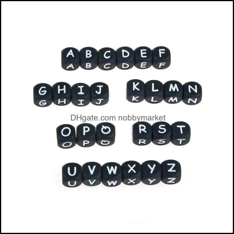 Black Silicone Alphabet Teething Beads 12mm Silicone Nursing Teether Chewable Bead Food Grade DIY Baby Teething Jewelry Necklace