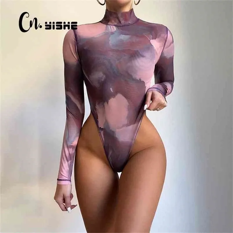 CNYISHE Long Sleeve Turtleneck Skinny Bodysuit Spring Women Overalls Sexy Tie Dye Print Romper Female Jumpsuits 210715