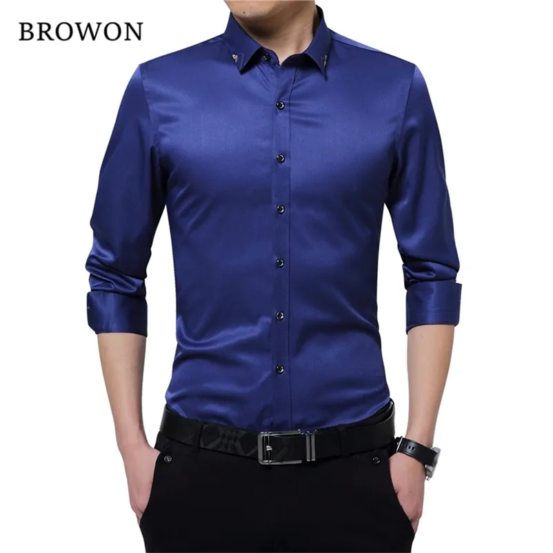 Browon Bryste Silky Formell Skjorta Män Klassisk Business Långärmad Fast Färg Broderi Collar Slim Fit Shirt Varumärke Kläder 210708