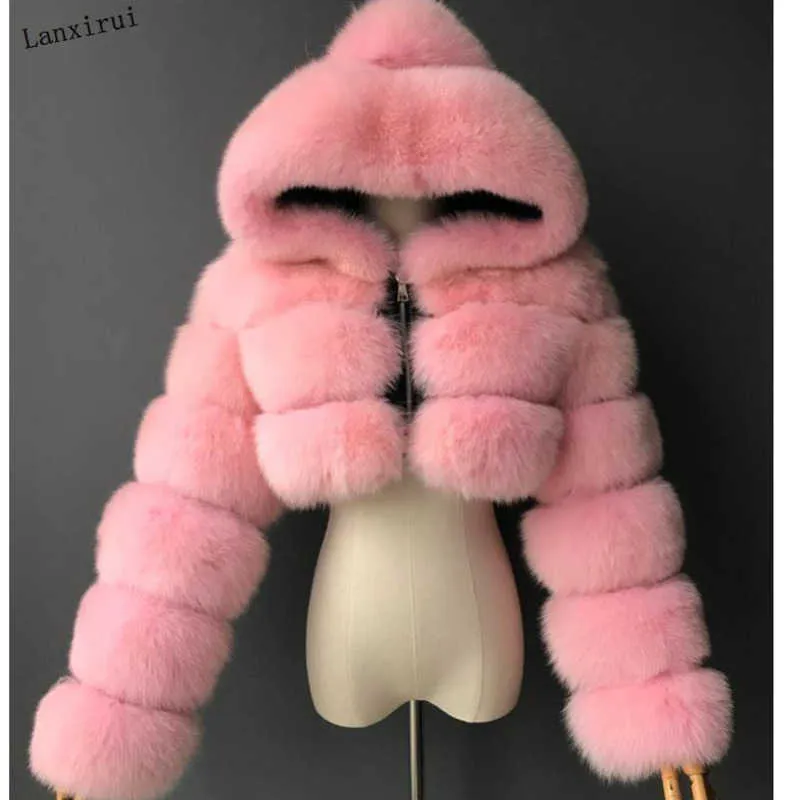 Wysokiej Jakości Furry Przycięte Faux Futro Płaszcze i Kurtki Kobiety Fluffy Top Coat Z Kapturem Zimowa Kurtka Manteau Femme T200905