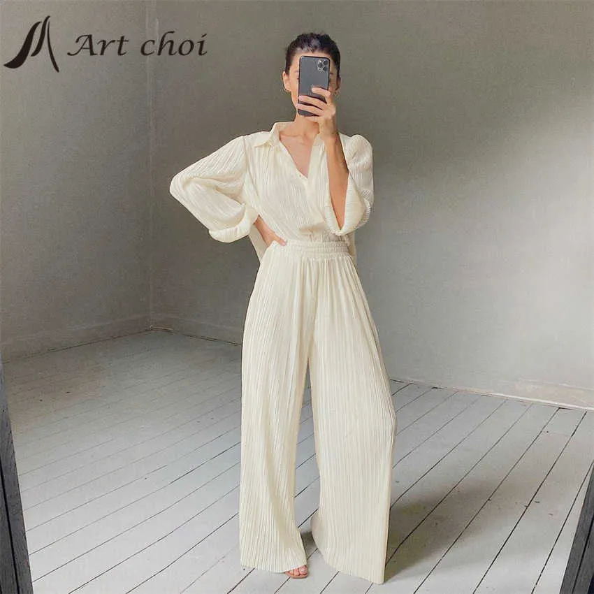 Spring Summer Two Piece Set Tracksuit Casual Outfit Suit Beige Shirt Long Blouse Tops Pleated Wide Leg Pants 2 Sets 210930