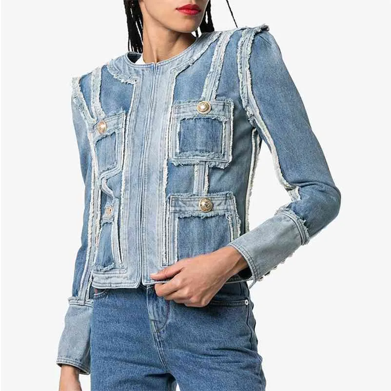 HIGH STREET Fashion Designer Stylish Jacket Women's Lion Buttons Tassel Fringed Denim 210521