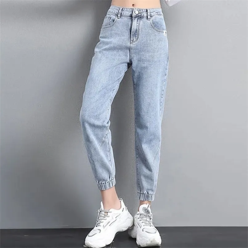 Casual Baggy Denim Harem Pantolon Kadınlar Için Streetwear Ayak Bileği Uzunlukta Kore Tarzı Katı Ayak Bileği Bantlı Kot Kadın 210809