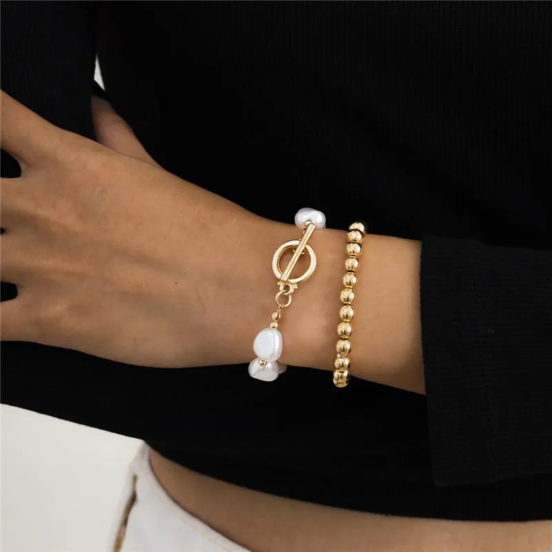 Mulheres Estilo de Negócios Frisado Strand Pulseira Imitação Pérola Ot Buckle Mão Jóias Europeia Retro Metal Parte Dupla Chain Chain Fashion Acessórios