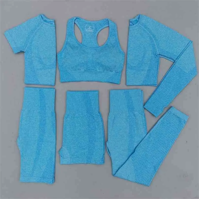 2/3 / 6pcs sömlösa kvinnor yoga set träning sportkläder gym kläder hög midja leggings grödor topp sport bh långärmad sport kostymer 210802