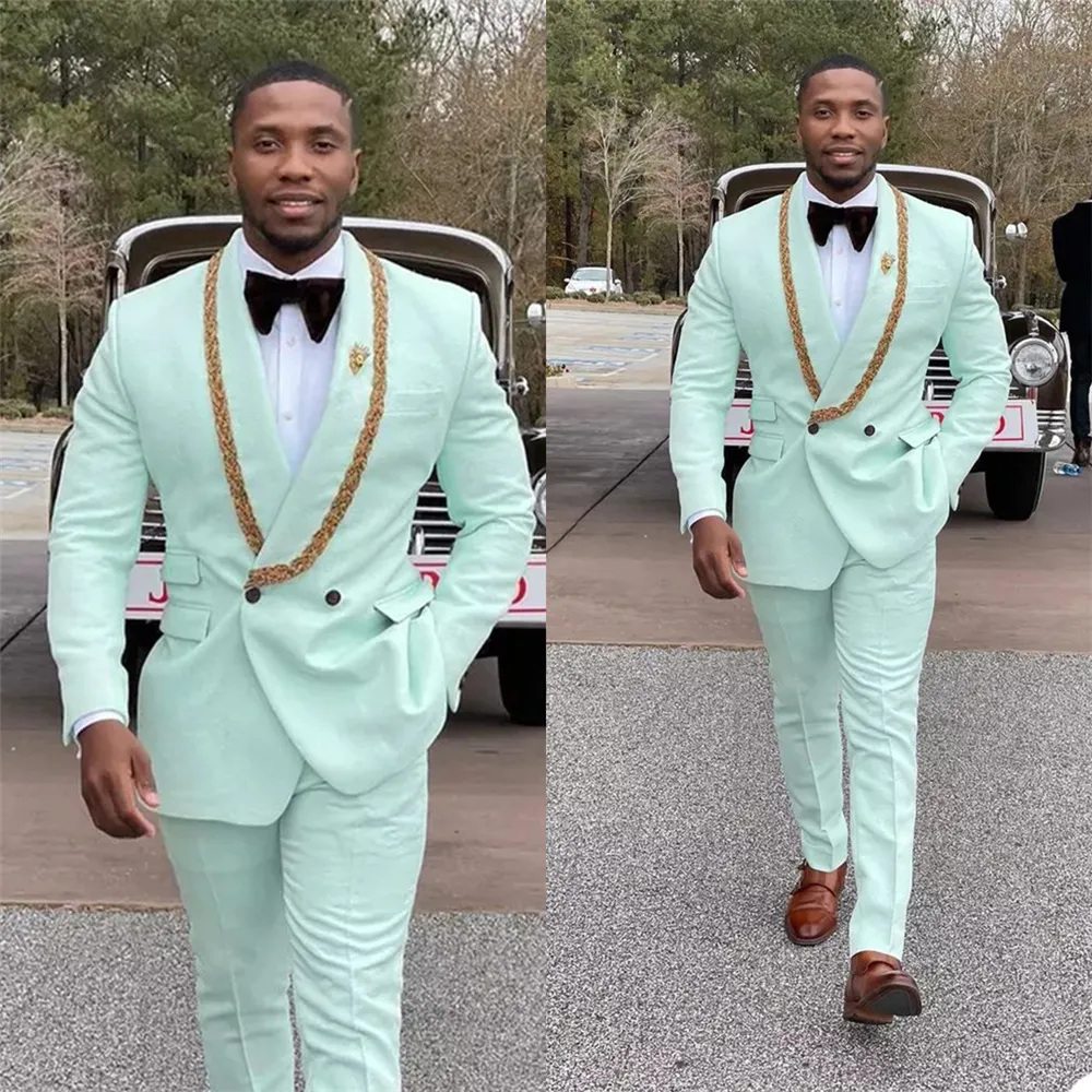 2021 Mint Green Wedding Tuxedos for Men Shawl Lapel Jacket Pants Customise Groom Groomsmen Suit Mens' Business Formal Wear