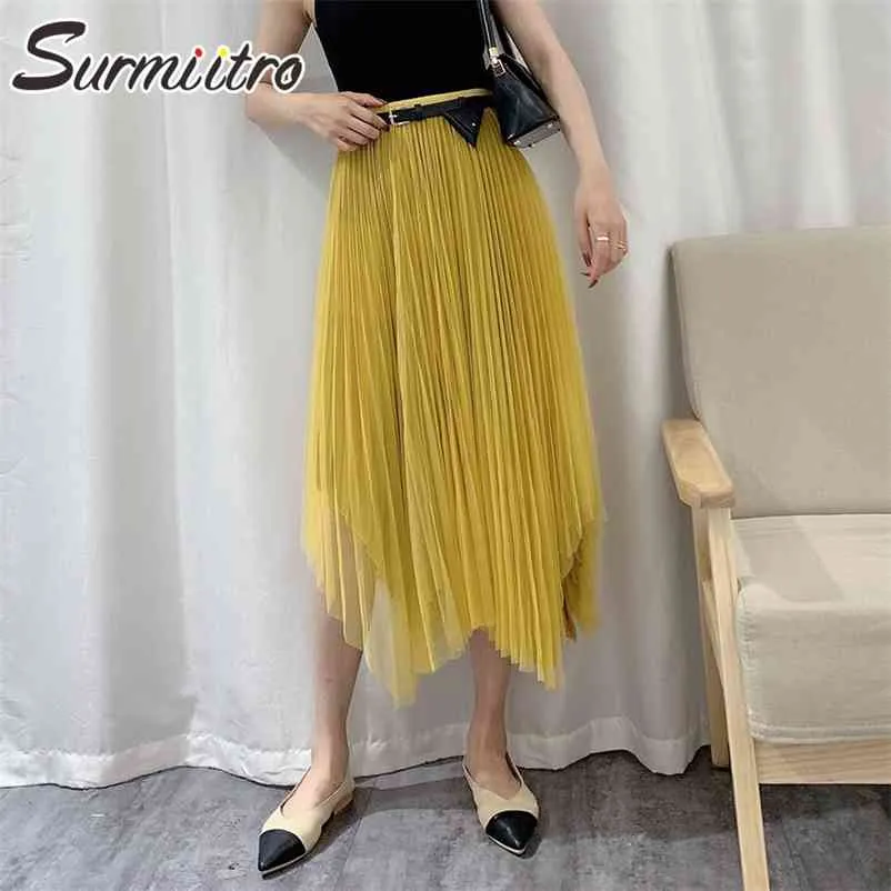 Spring Summer Long Tulle Skirt Women Belt Korean Style Yellow Mesh High Waist Aesthetic Midi Pleated Female 210421