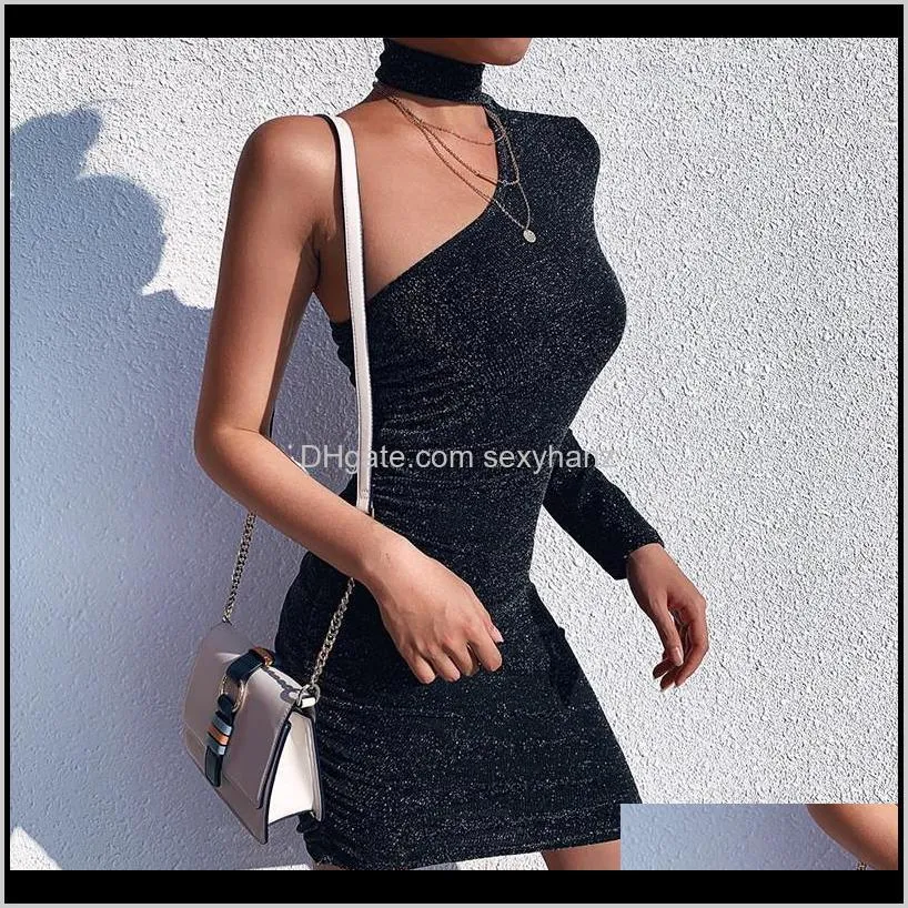 evening party dresses women black shiny one shoulder dress sexy bodycon dress club metallic glitter mini dresses woman clothes