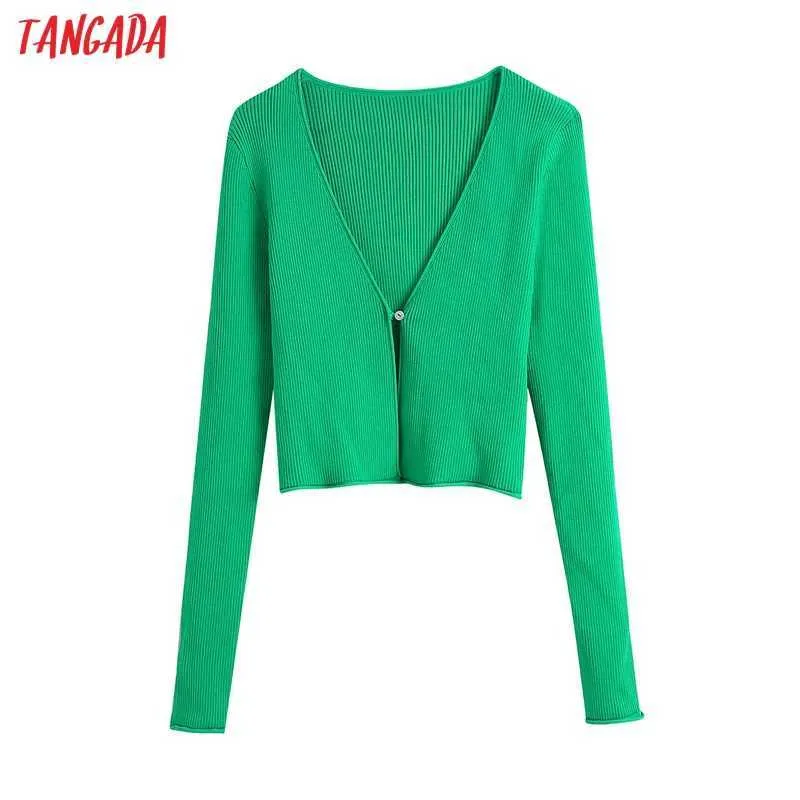 Tangada Femmes Vert Mince Tricoté Cardigan Pull Jumper Vintage Manches Longues Bouton-up Femelle Survêtement BE951 210609