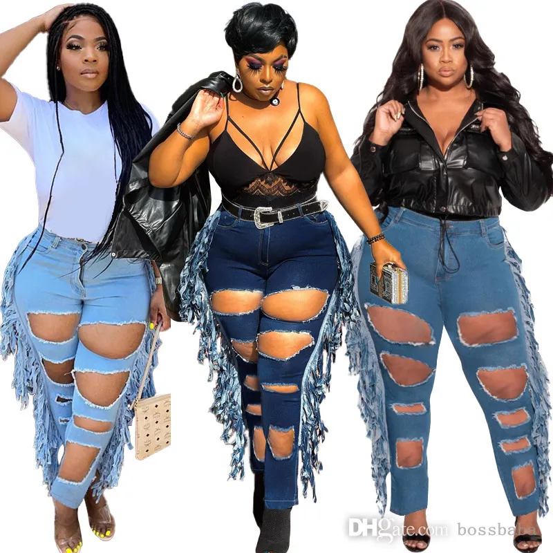 Kobiety Duże Dżinsy Dżinsy Moda Przebiła Tassels Slim Fit Street Trend Duże Dżinsowe Spodnie