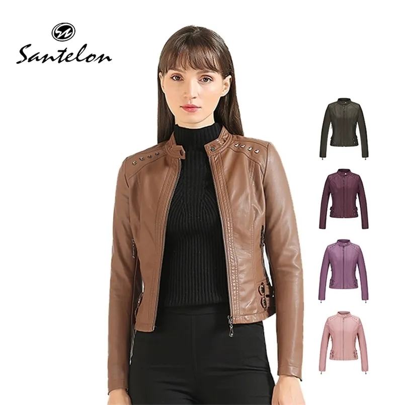 Herbst Faux Weiche PU Lederjacken Für Frauen Mäntel Plus Samt Mode Nieten Schlankes Design Langarm Casual Outwear 210916