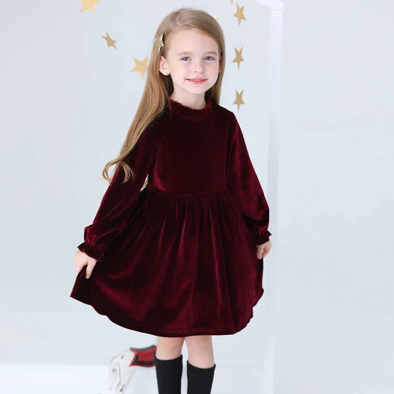 Children Dress Winter Girl Dress For Girls Solid Color Gold Velvet Girls Long Sleeve Dress Q0716