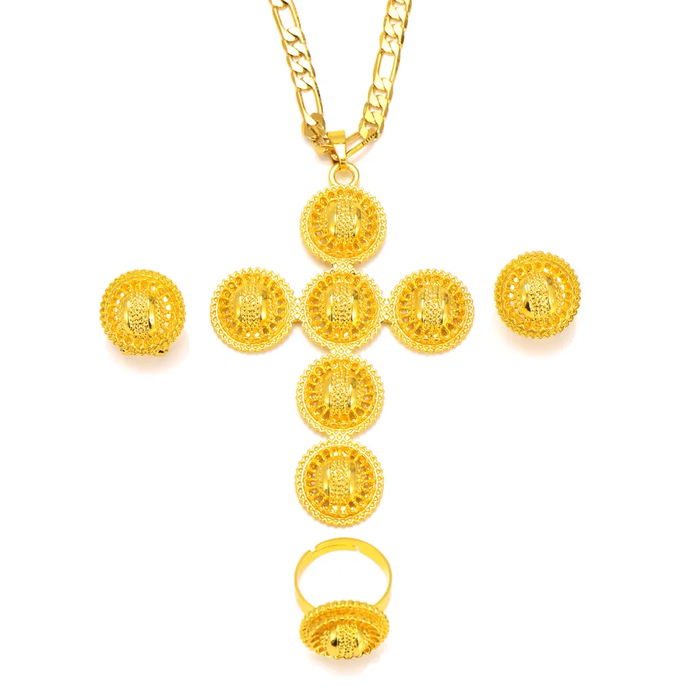 18 k غرامة الصلبة الذهب gf قلادة أقراط الدائري واسع النطاق الصليب قلادة عالية الجودة مجوهرات مجموعات المرأة