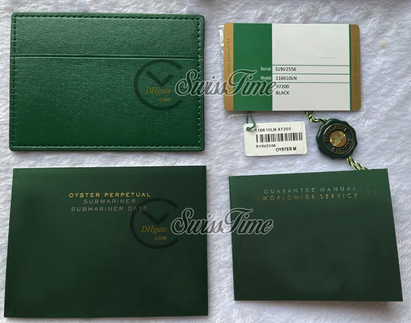 V4 Green Inga lådor Skräddarsydd Rollie Garantikort Med Anti-Förfalskning Krona Och Fluorescerande Etikett Gåva Samma Serial Tag Manual Set Super Edition Swisstime