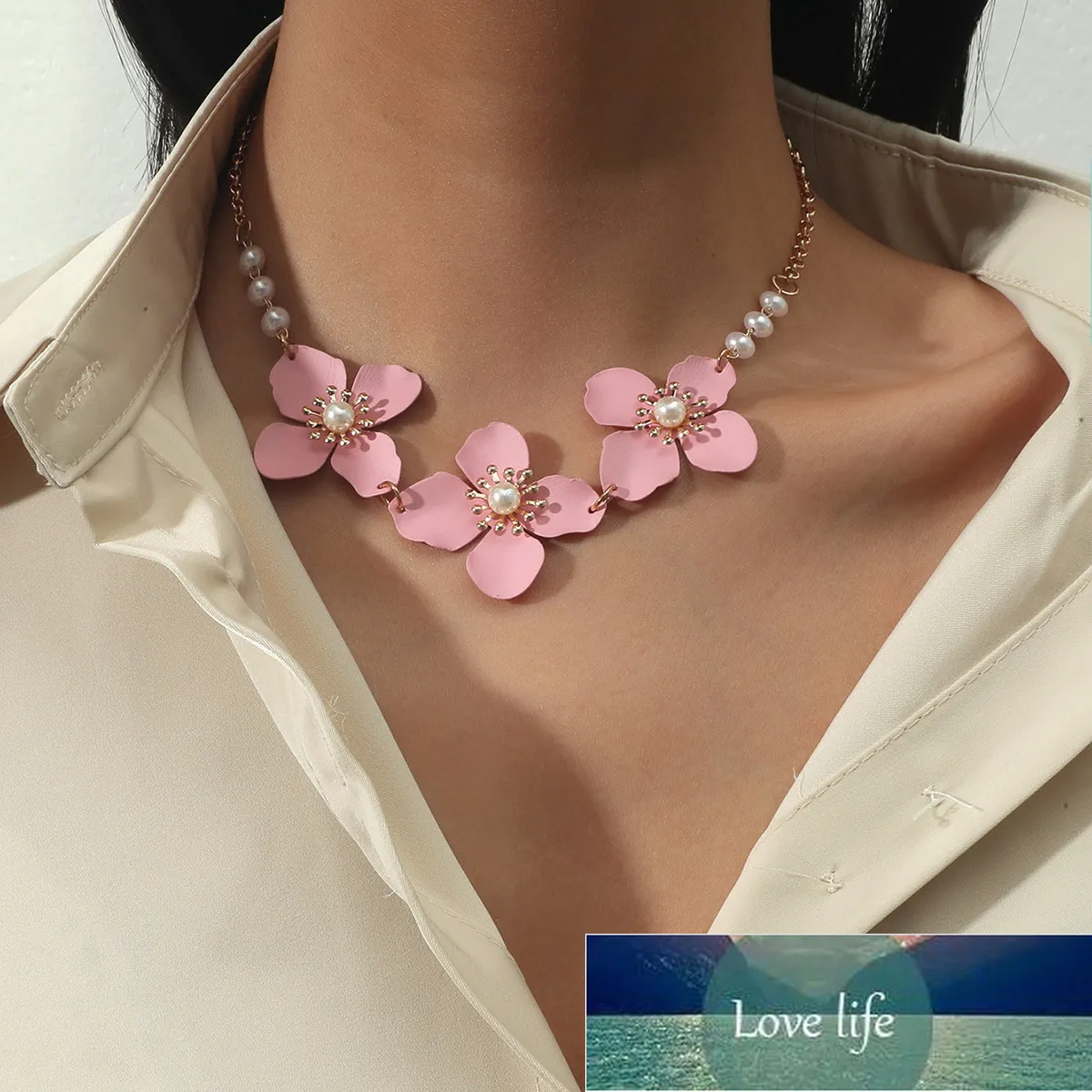 Collier de fleur rose coréen Fahion perle fleur Collier de cou de cou pour femme Bijoux Clavicule Colliers Pendentifs Charms Bijoux