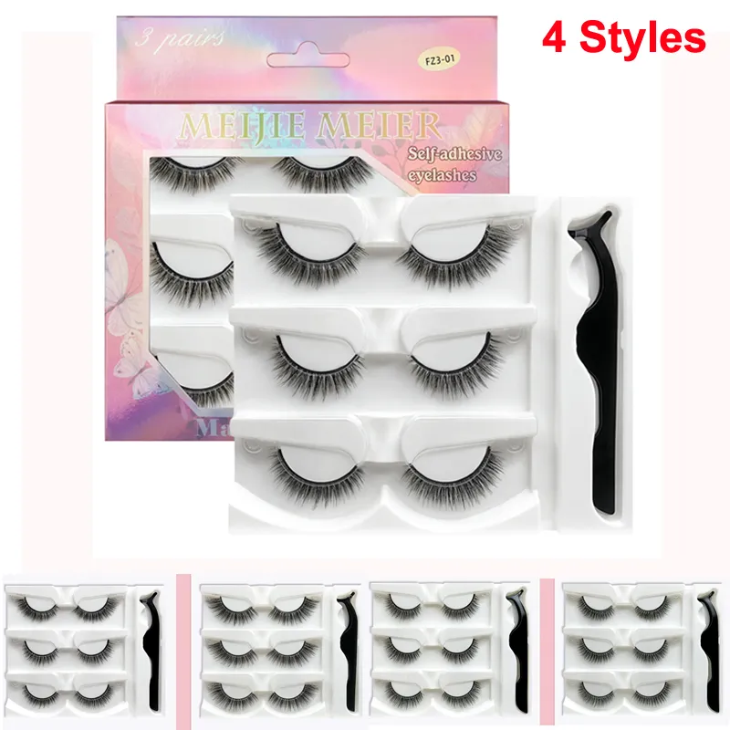 Maquillage faux cils 3D autocollants cils 3D auto-adhésifs 3 paires de faux cils avec tweezer extension à la main sculpture molle confortable pestañas posezas