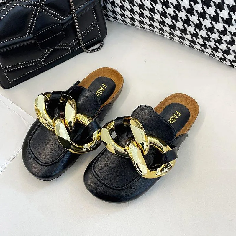 Slippers Women Shoes 2021 Fashion Metal Leather Slides Summer Summer Flat Flat Sliper Sandalias de Mujer