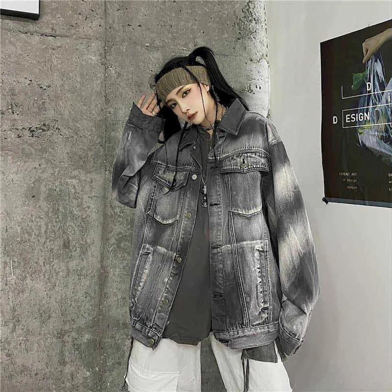 Джинсовая куртка женская осень ретро дымчатый серый промытый джинсовой сыпучий повседневный студент Хараджуку личность 210526