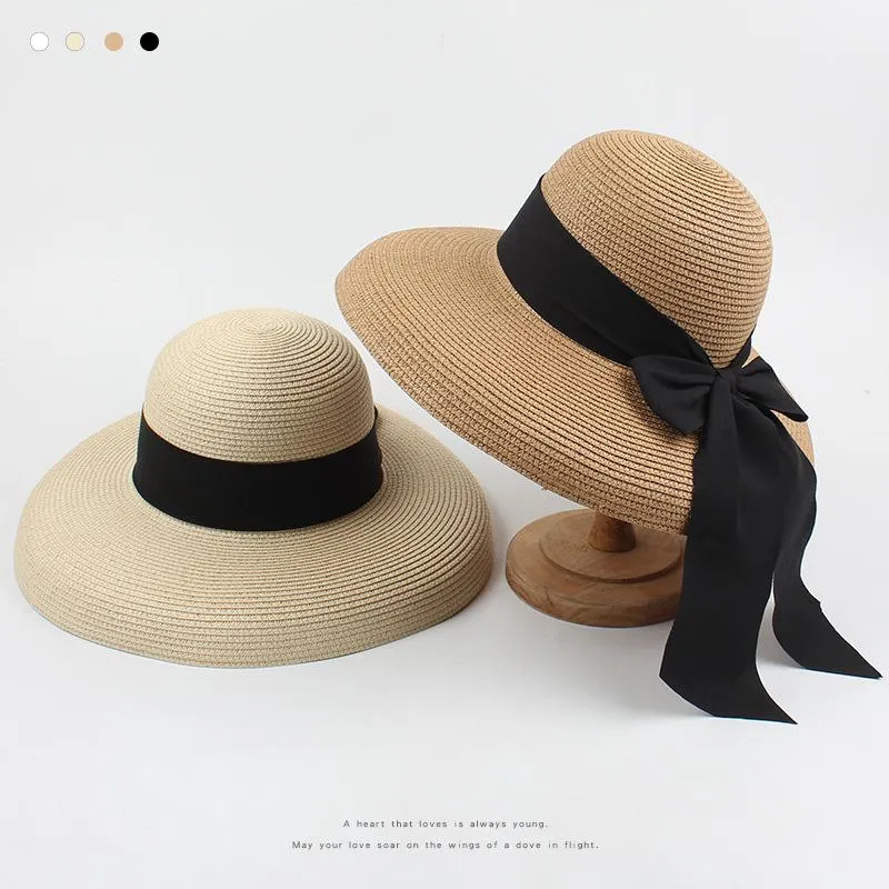 2021 Korean zomer dames brede strohoed modieuze retro boog zonneschadebedas zeer vakbare kroonlijst dames hoeden run