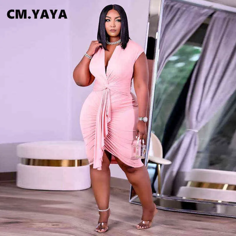 CM.YAYA Women Plus Size Dress Solid Short Sleeve V-neck Bandage Splited  Knee Length Dresses Sexy Fashion Vestidos Summer Outfits 211028