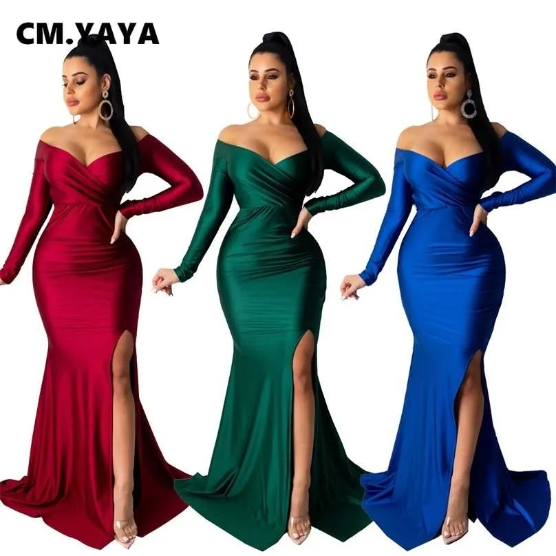 CM.YAYA Automne Hiver Femmes Hors Épaule Plongeant Col En V Haut Côté Split Sirène Maxi Robe Sexy Night Party Club Robes Longues 211206