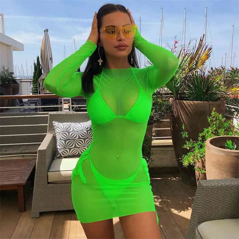 Seksi Moda Yeşil Neon Elbise Perspektif Mesh Yaz Tatil Plaj Bodycon Sun Vestidos Kadınlar 210517