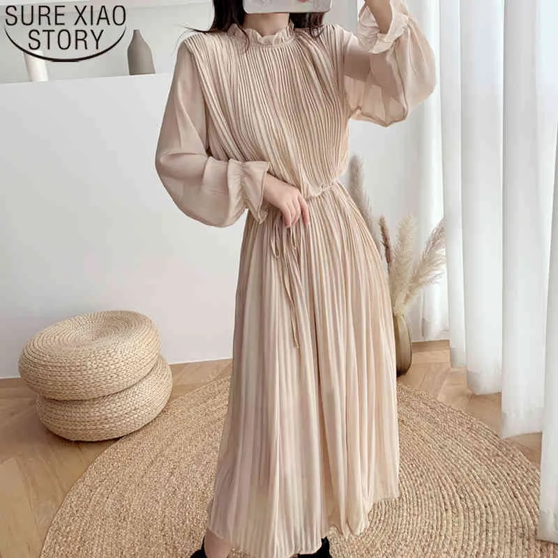 Lente elegante geplooide chiffon jurk vrouwen stand kraag hoge taille abrikozen jurken plus size M-4XL losse vestidos 12536 210417