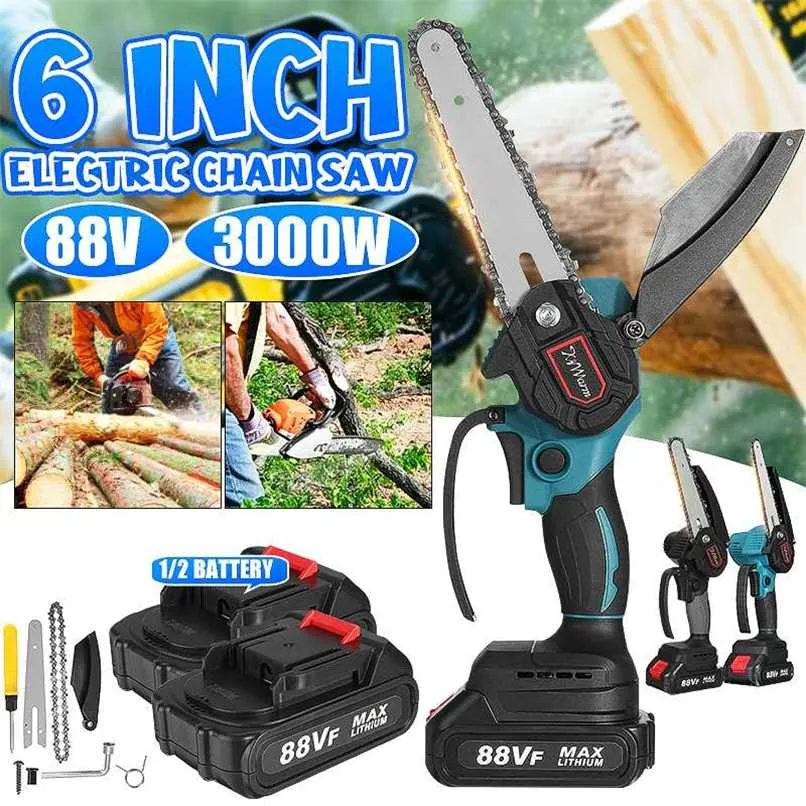 3000W 6 Inch 88V Mini Elektrische Kettingzaag Met 2 Stuks Batterij Houtbewerking Cutter Snoeien Kettingzaag Tuin logging Saw Power Tool 211029