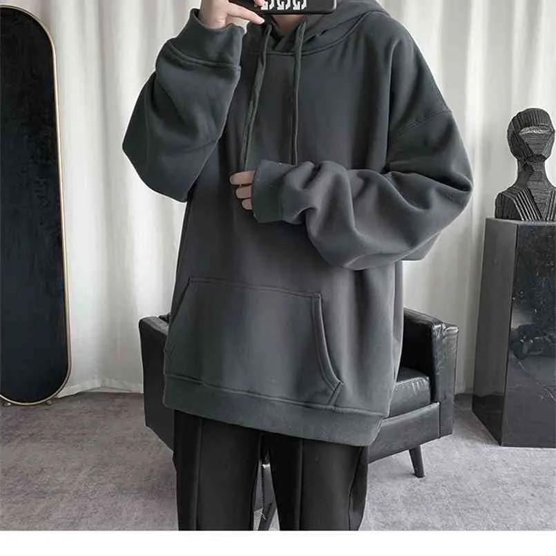 HybSkr Coréen Hommes Solide Couleur Hoodies Casual Pulls À Capuche À Capuche Chaud Polaire Mâle Lâche Sweats Homme Vêtements 210819