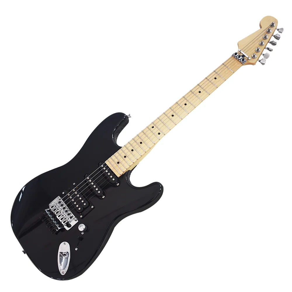 6 Strings Black Electric Guitar with Reversed Headstock,Maple Fretboard,Floyd Rose,Customizable