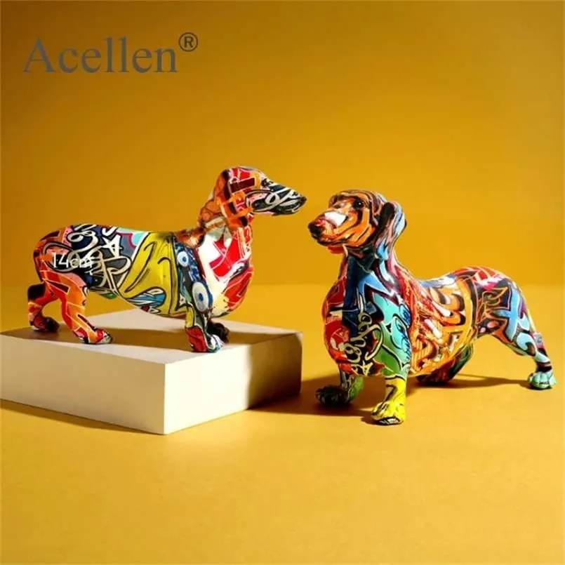 Painted Colorful Dachshund Dog Figurine Home Decor Modern Wine Cabinet Office Desktop Resin Crafts Miniatures Statue Gift 211108