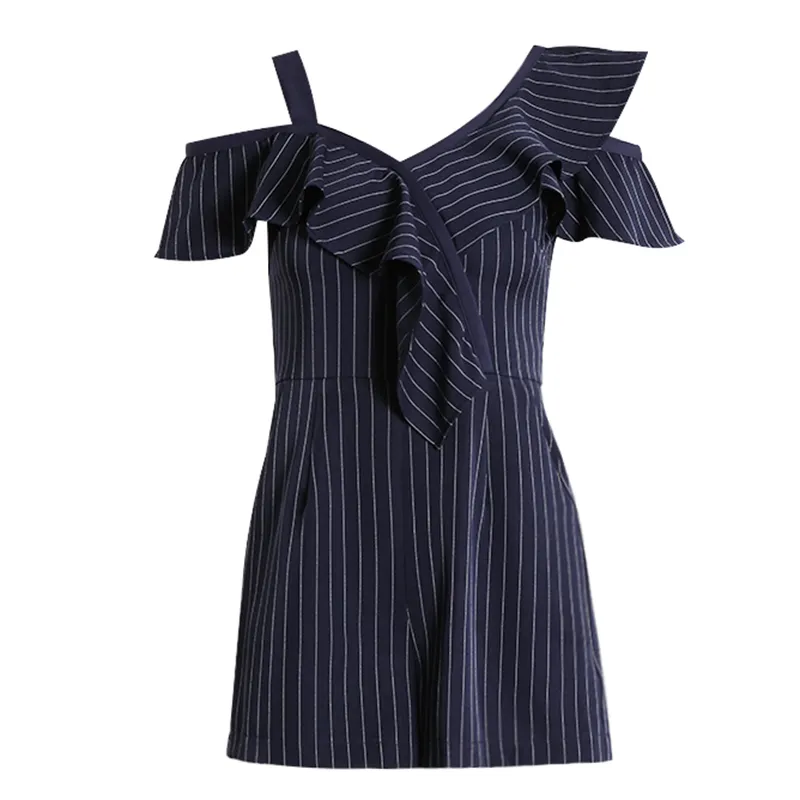 Women Rompers Short Black Navy Wine Red Pink Ruffle V Neck Striped Pocket Playsuits Sleeve Asymmetrical J0059 210514