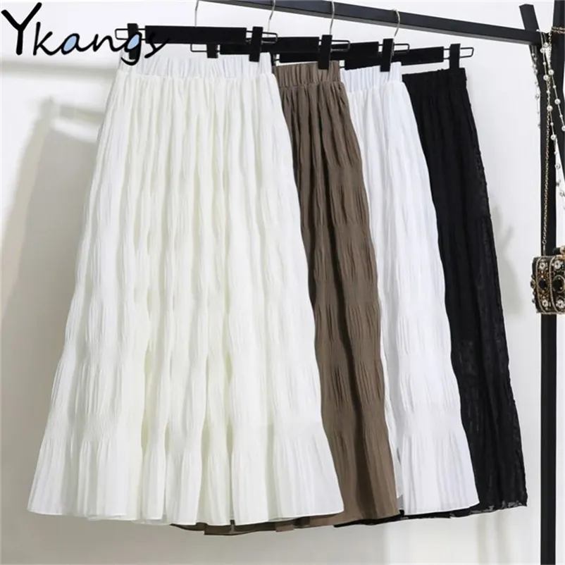 Plus Size Black Long Skirt Mulheres Esticar Cintura Alta Cintura Chiffon Chiffon A-Line Saia Casual Plissado Midi Saia Faldas Saias Streetwear 210412