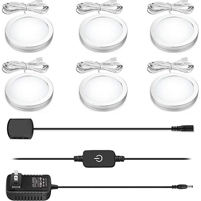 6pack(10*2W) LED Puck Light With Touch Dimmer Silver Color Ultra Thin Under Cabinet Lights For Kitchen, Shelf, Cupboard