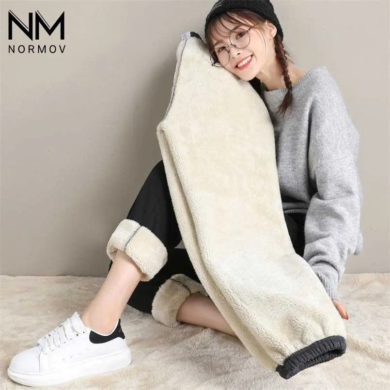 NORMOV Winter Warm Pants Women Fleece Soft Thicken Stretch Leggings High Waist Pocket Drawstring Fashion Casual 211215