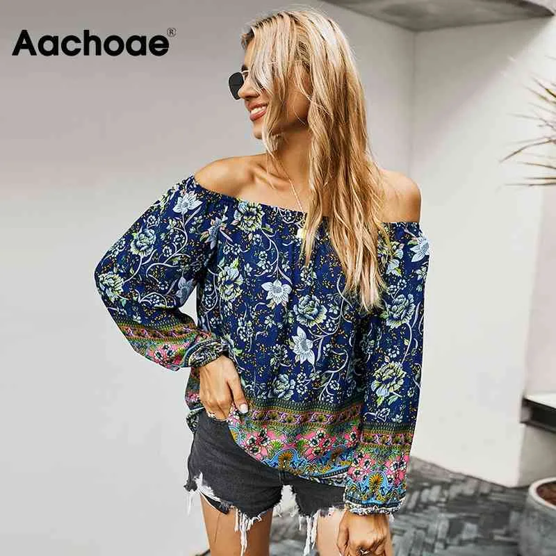 Off Shoulder Vintage Blouse Women Floral Print Bohemian Shirt Kvinna Långärmad Loose Casual Toppar Blusas Mujer 210413