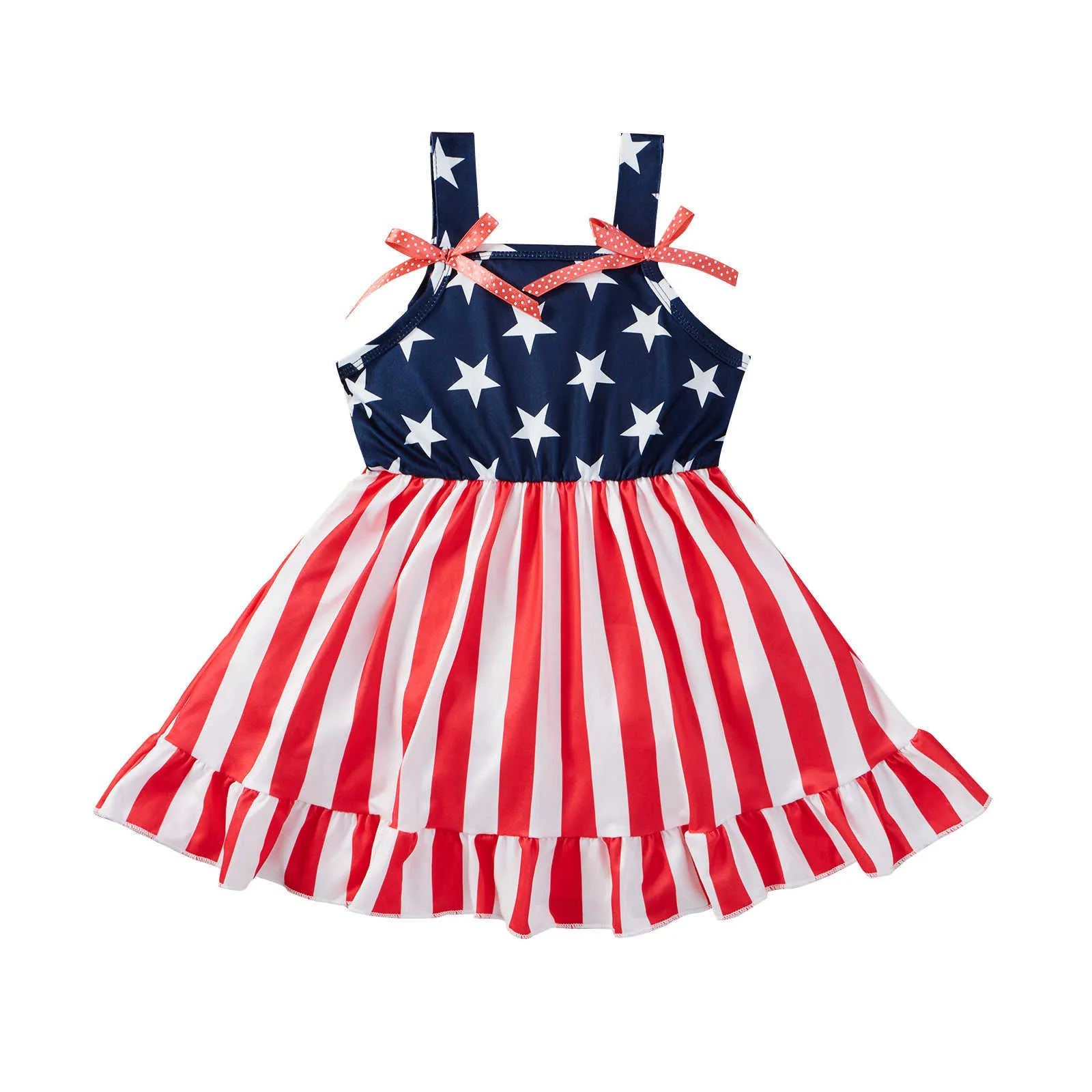 FOCUSNORM Independence Day Summer Girls Dress Sleeveless Star & Stripe Print Square Collar Bowknot A-Line Sundress 1-5Y Q0716