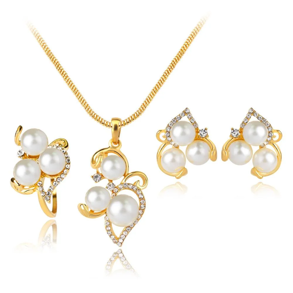 Set di anelli per orecchini con collana con ciondolo di perle di cristallo, gioielli con catena in oro per accessori per abiti da sposa