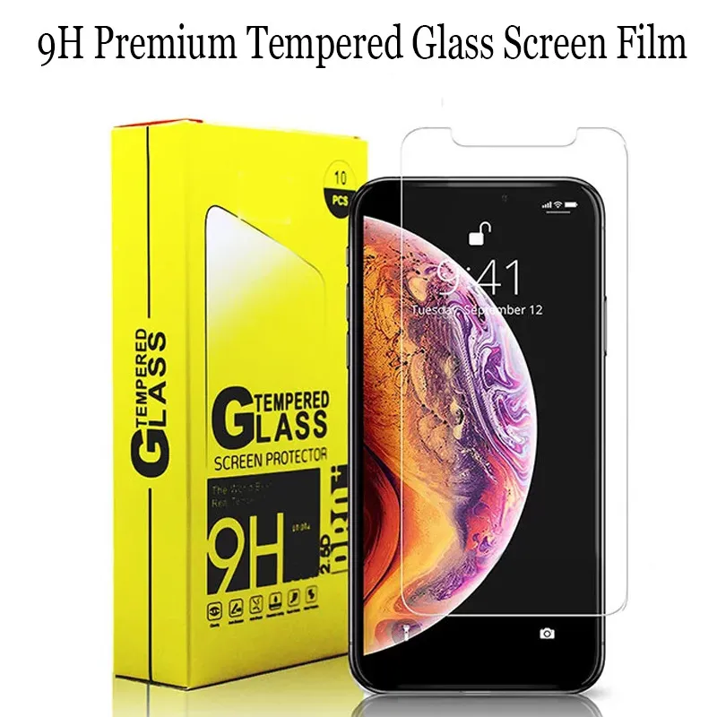 9D Gehard Glass Phone Screen Protector voor iPhone 13 12 11 PRO MAX X XS XR 8 7 6 Plus en Samsung Galaxy S21 S20 A42 A72 Scratch-proof Gemapte 0.3mm met 10 in 1 papieren doos