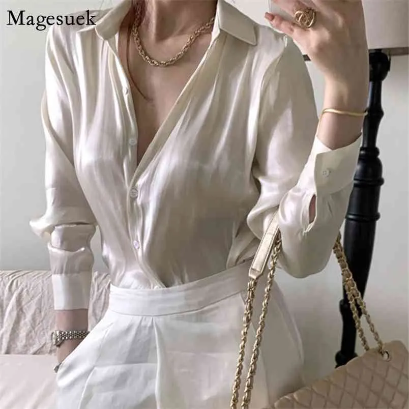 Automne mode blanc Blouse femmes décontracté à manches longues Satin haut femme Vintage coréen lâche bouton Up chemises Blusas 11971 210512